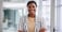 Business, portrait and smile with black woman in office for start of corporate or professional career. Confident, creative and mission with happy employee at design agency workplace in Nigeria stock photo